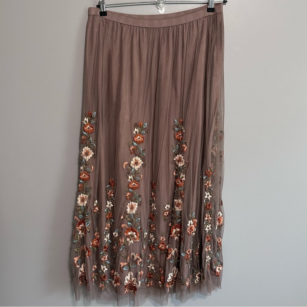 Sundance Women’s Small Embroidered Tulle Midi Skirt Boho Floral Taupe Lined